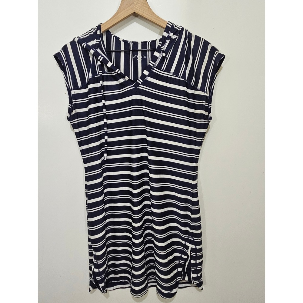 Athleta Womens Navy White Striped Sleeveless Hooded Tunic Top V-Neck Medium